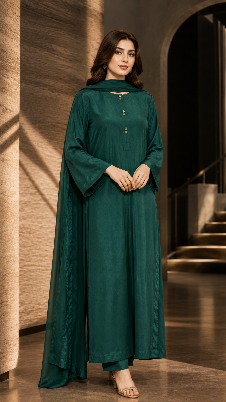 3 Pc Solid Raw Silk Suit - Emerald Green