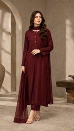 3 Pc Solid Raw Silk Suit - Maroon