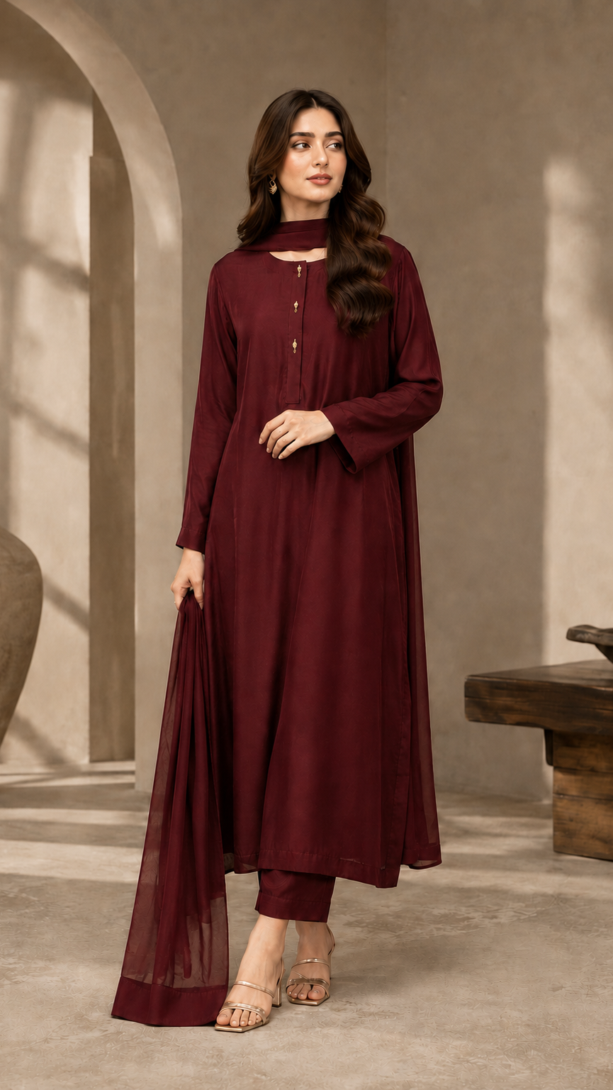 3 Pc Solid Raw Silk Suit - Maroon