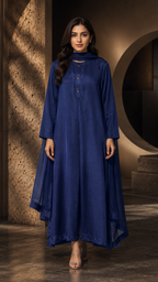3 Pc Solid Raw Silk Suit - Navy Blue
