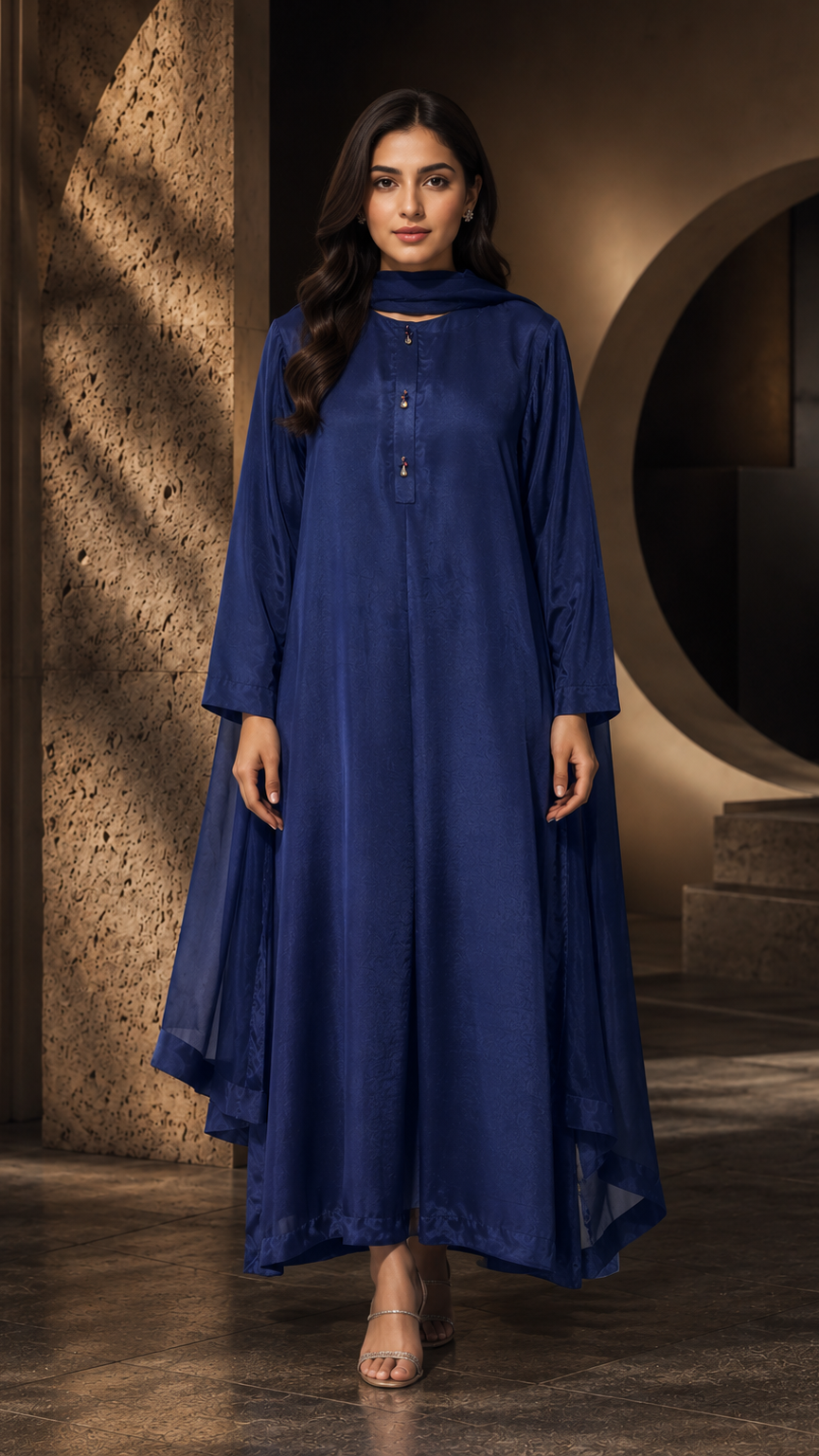 3 Pc Solid Raw Silk Suit - Navy Blue