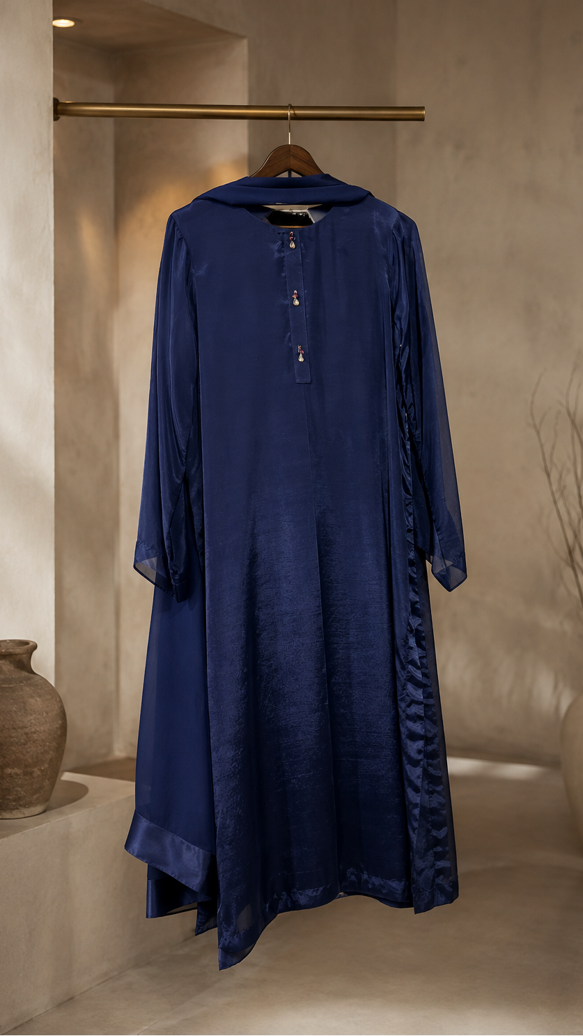 3 Pc Solid Raw Silk Suit - Navy Blue