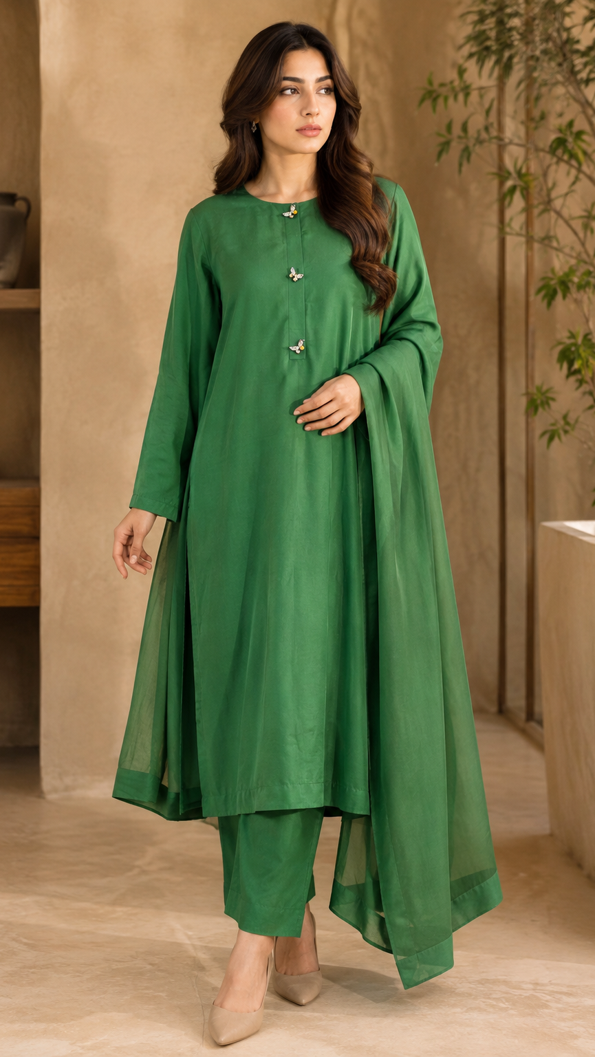 3 Pc Solid Raw Silk Suit - Green