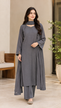 3 Pc Solid Raw Silk Suit - Grey