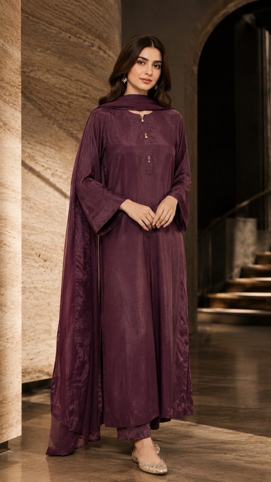3 Pc Solid Raw Silk Suit - Purple