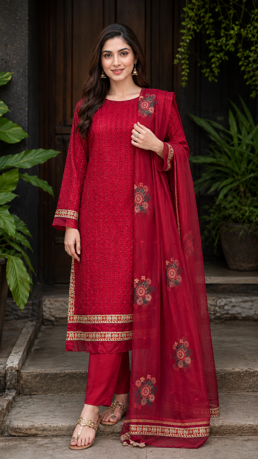 4 Pc Embroidered Organza Suit