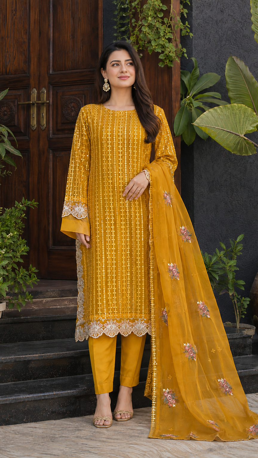 4 Pc Embroidered Organza Suit
