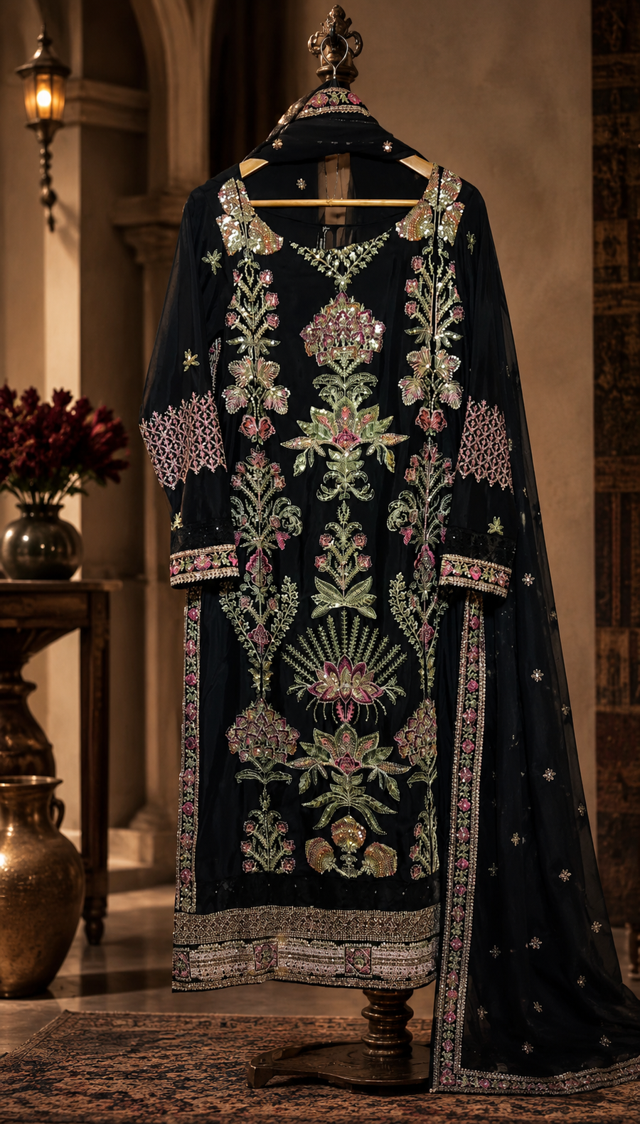 3 Piece Embroidered Raw Silk Suit
