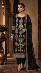 3 Piece Embroidered Raw Silk Suit