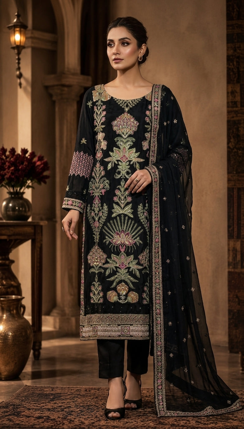 3 Piece Embroidered Raw Silk Suit