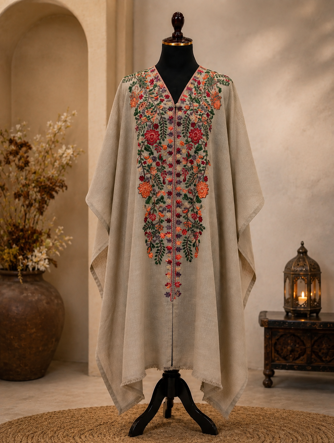 Pashmina Kashmiri Embroidered Cape Shawl - Brown