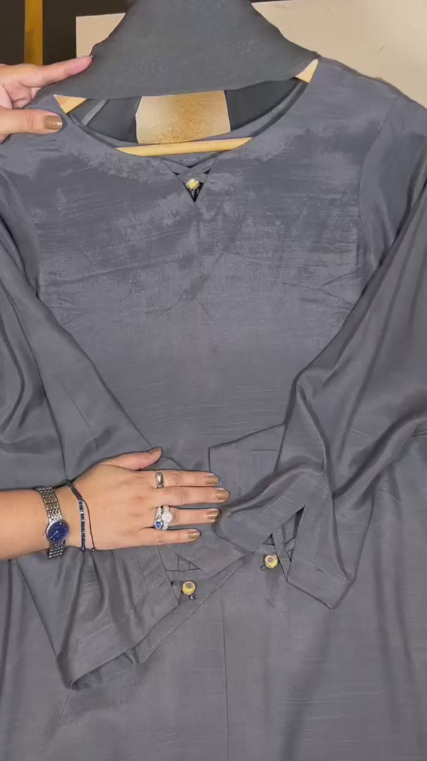 3 Pc Solid Raw Silk Suit - Grey