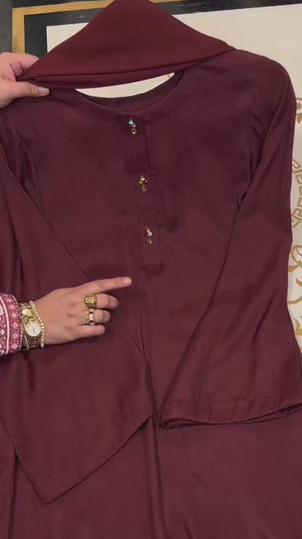 3 Pc Solid Raw Silk Suit - Maroon