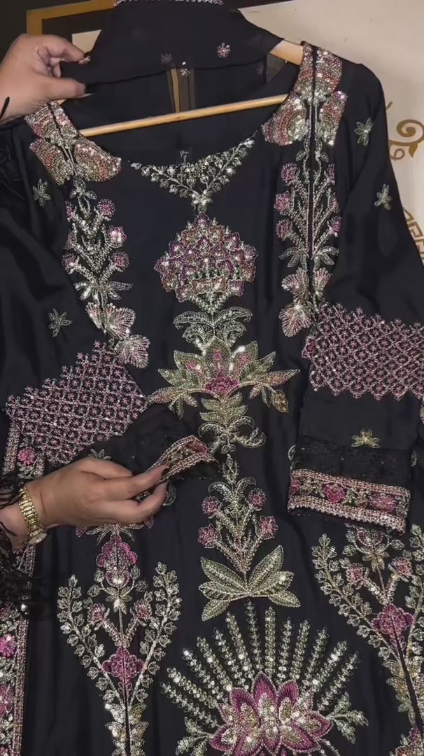 3 Piece Embroidered Raw Silk Suit