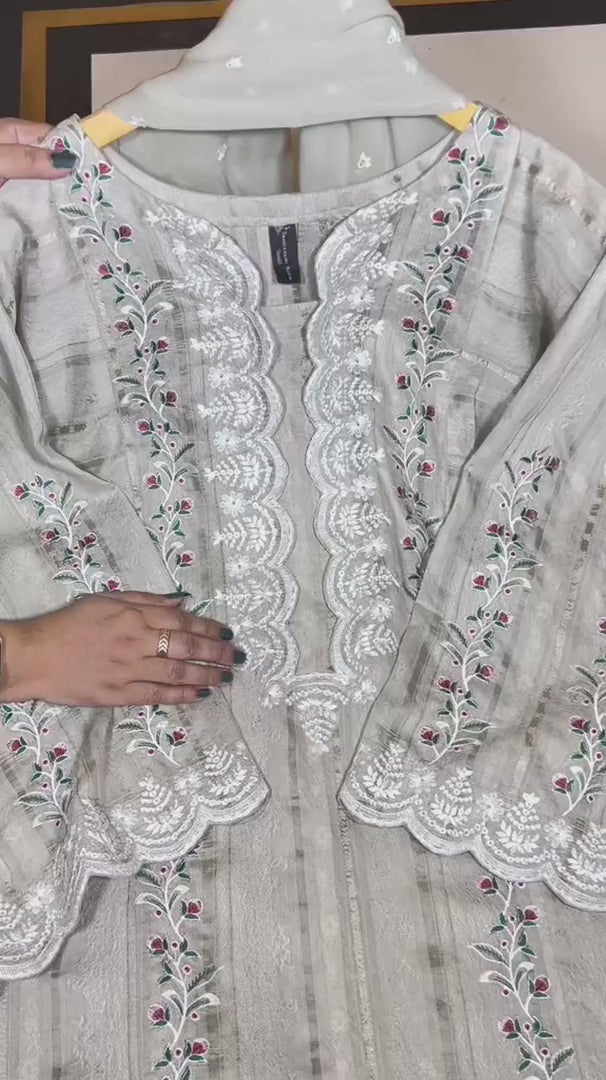 3 Pc Luxurious Linen Blend Self Jacquard Suit